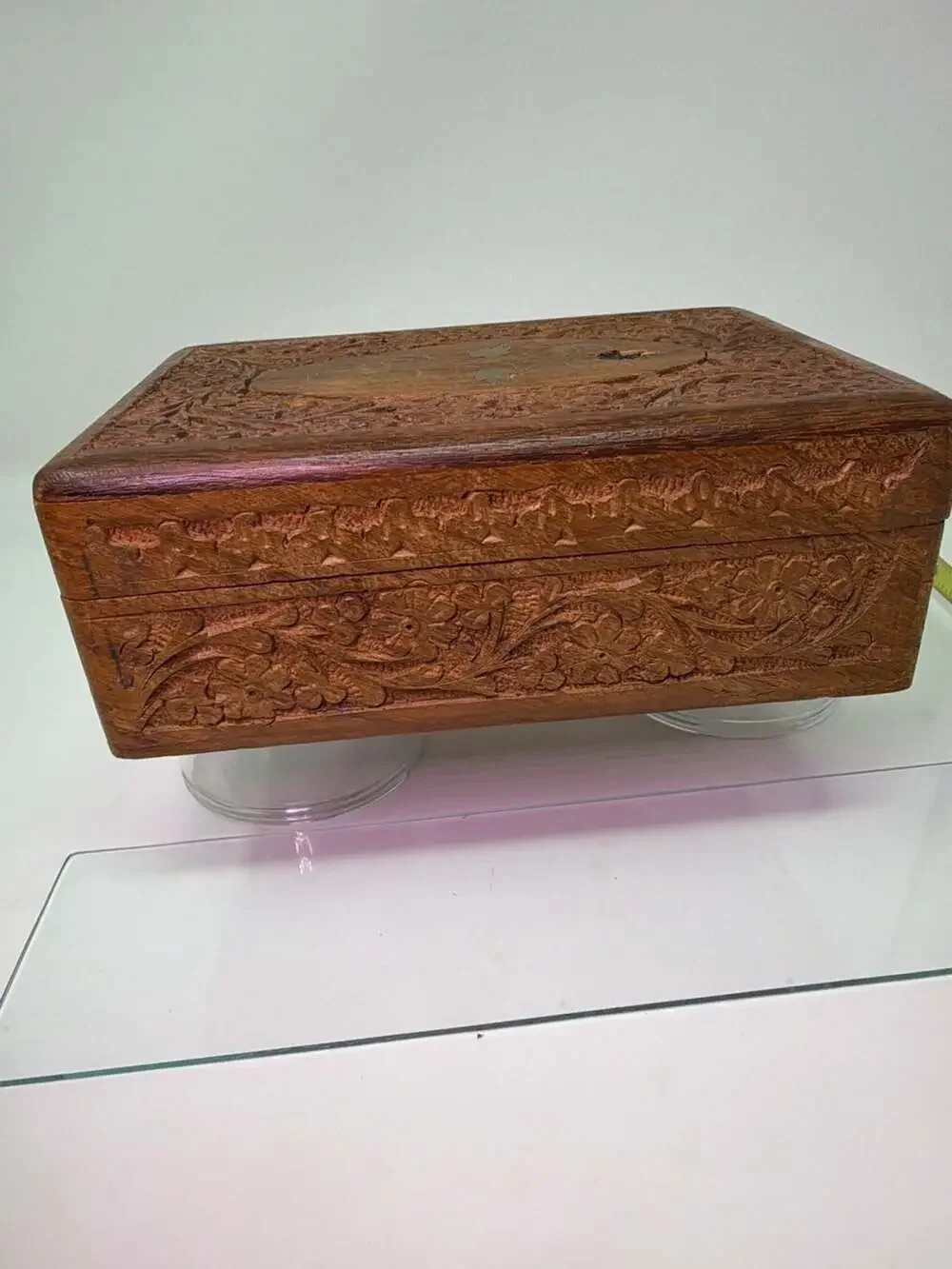 Vintage Hand Carved Wood Floral Jewelry Trinket Box